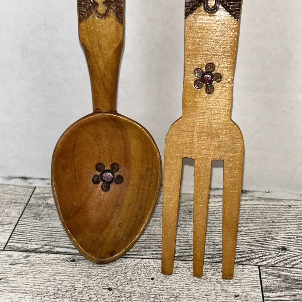 Hand Carved & Painted Wood Small Serving Fork & Spoon Set with Flowers